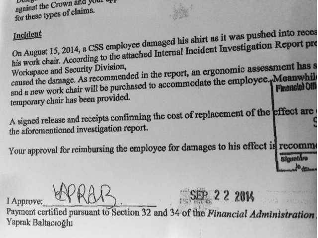 Federal documents detail the process through which a civil servant was reimbursed $70 when his shirt was damaged by his chair.