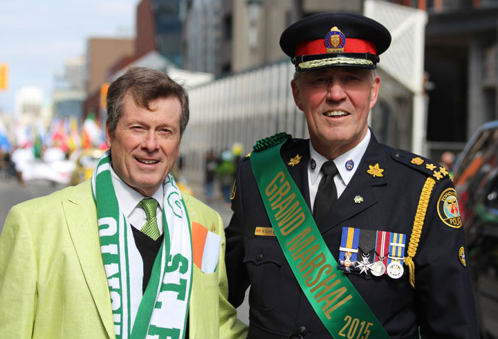 Toronto mayor John Tory and police chief Bill Blair, pictured at the St. Patrick's Day Parade on March 15, 2015.