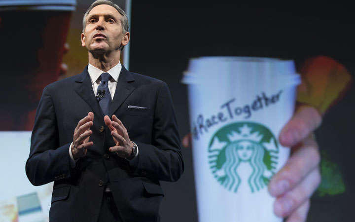 Starbucks Chairman and CEO Howard Schultz addresses the "Race Together Program" during the Starbucks annual shareholders meeting March 18, 2015 in Seattle, Washington. 