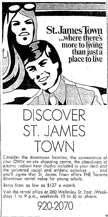 An ad for apartments in Toronto's St. James Town from 1972