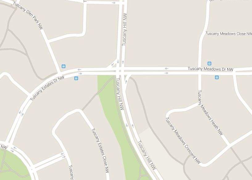 A map showing the intersection of Tuscany Estates Drive N.W. and Tuscany Hill N.W. in Calgary. 