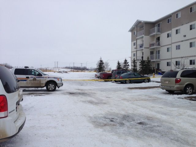 Police tape and an RCMP vehicle could be seen outside an apartment building in Wetaskiwin. A man was airlifted to an Edmonton hospital with potentially life-threatening injuries, following a police shooting on Tuesday morning. March 24, 2015.