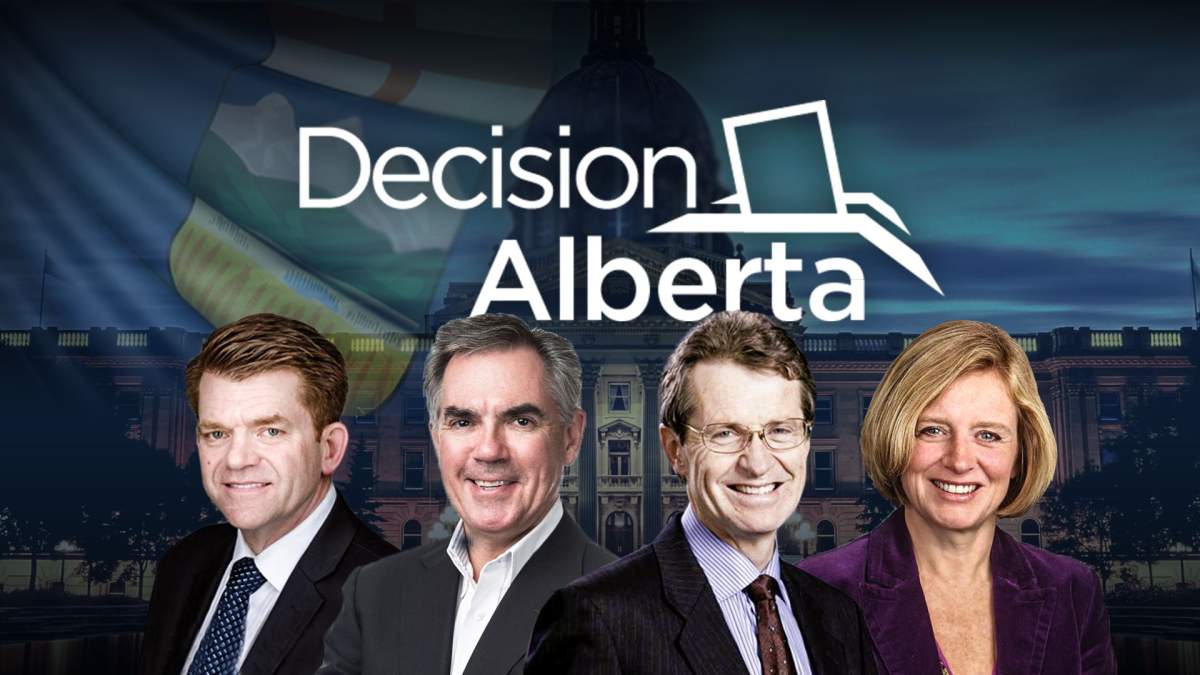 Brian Jean, Jim Prentice, David Swann, and Rachel Notley.