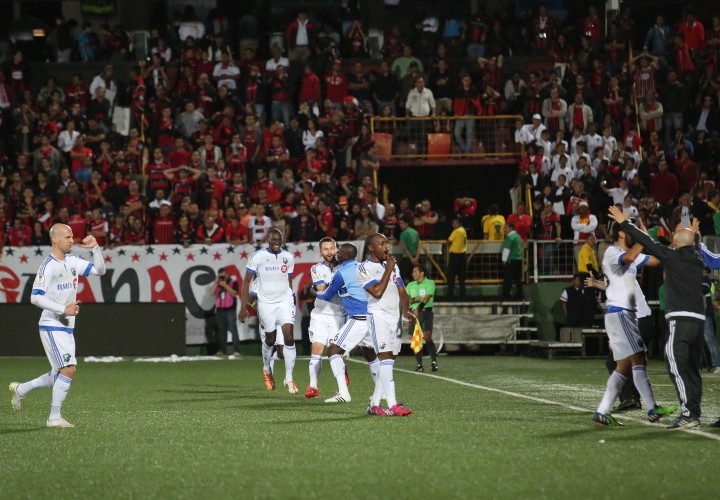 The players of Canada's Impact of Montreal celebrate a goal against Costa Rica's La Liga Deportiva Alajuelense during their semi-final match of the CONCACAF Champions League in the Alejandro Morera Soto Stadium in Alajuela, Costa Rica, Tuesday, April 7, 2015.