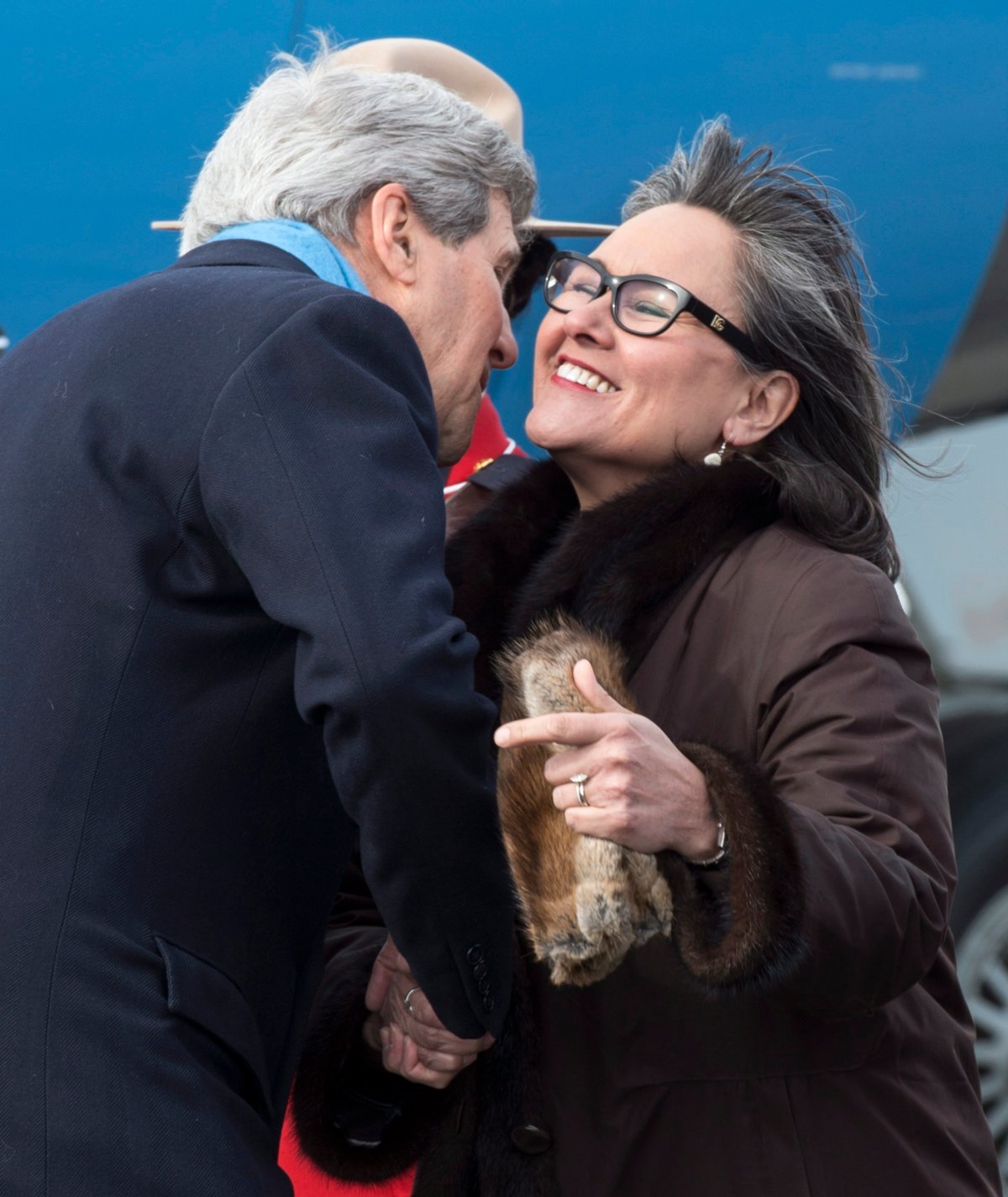 United States Secretary of State John Kerry is greeted by Leona Aglukkaq, Canadian Minister for the Arctic Council, as he arrives Friday, April 24, 2015 in Iqaluit, Nunavut. 