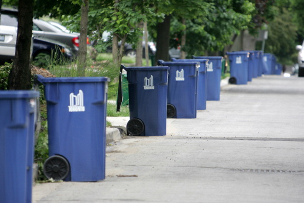 New blue recycle bins for Royson James Column . collection on Briar Hill Ave .