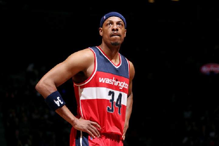 Paul Pierce #34 of the Washington Wizards stands on the court during a game against the Brooklyn Nets on April 10, 2015 at the Barclays Center in the Brooklyn borough of New York City.