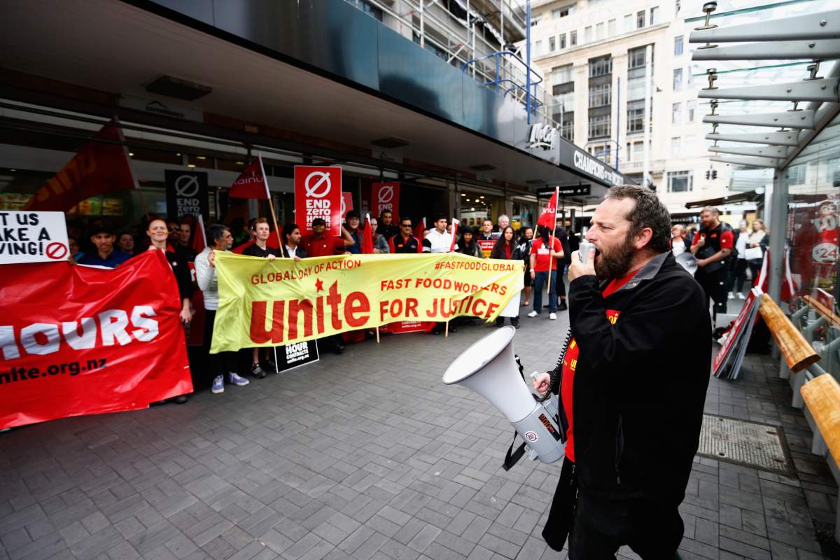 Protestors picket outside McDonalds in Britomart on April 15, 2015 in Auckland, New Zealand. McDonald’s workers will join thousands of fast-food workers in an International Day Of Action protesting zero-hours contracts.
