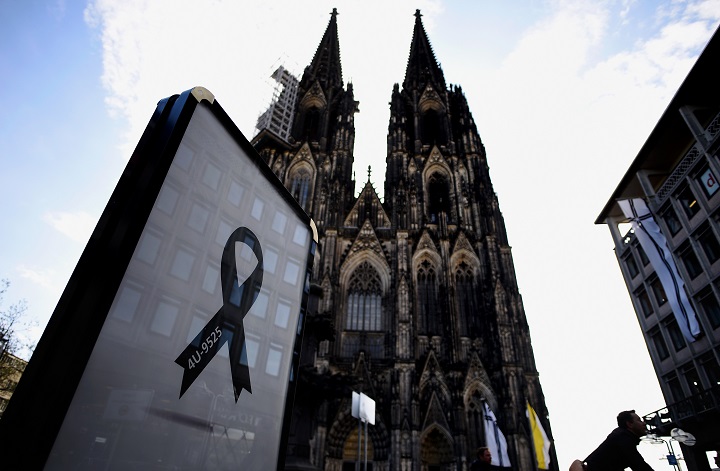 A black ribbon showing the flight number of Germanwings flight 4U9525 is displayed at the Dom cathedral, ahead of a memorial service to commemorate the victims of the Germanwings passenger plane crash, on April 17, 2015 in Cologne, Germany. 