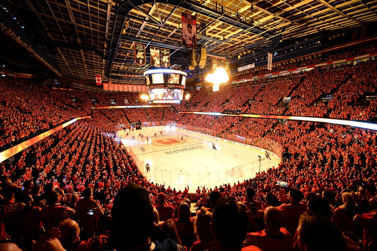 Fans cheer before the game between the Calgary Flames and the Vancouver Canucks at Scotiabank Saddledome for Game Three of the Western Quarterfinals.