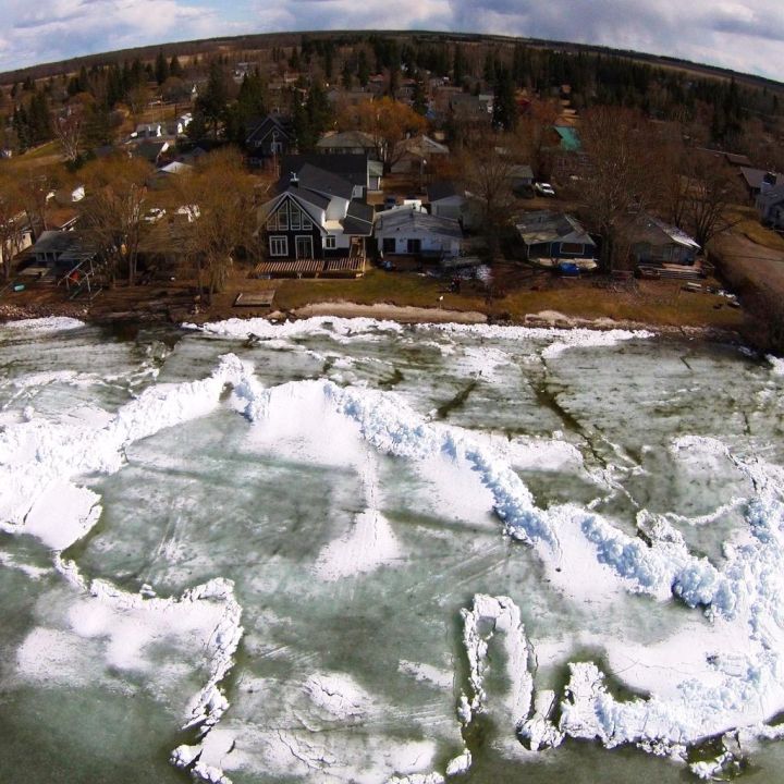 Ice shove at Alberta Beach from above. 