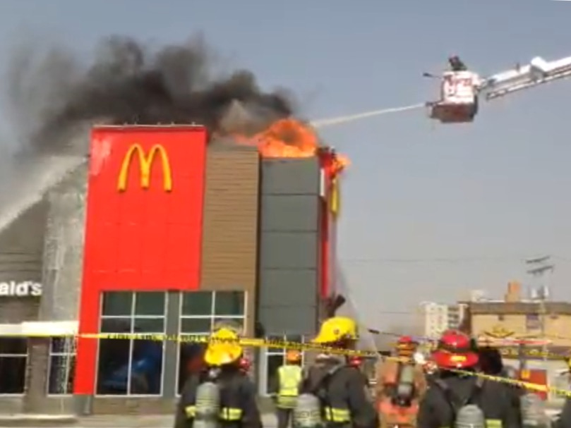 Winnipeg fire crews battle a blaze at a McDonalds on Henderson Highway. April 15 2015.