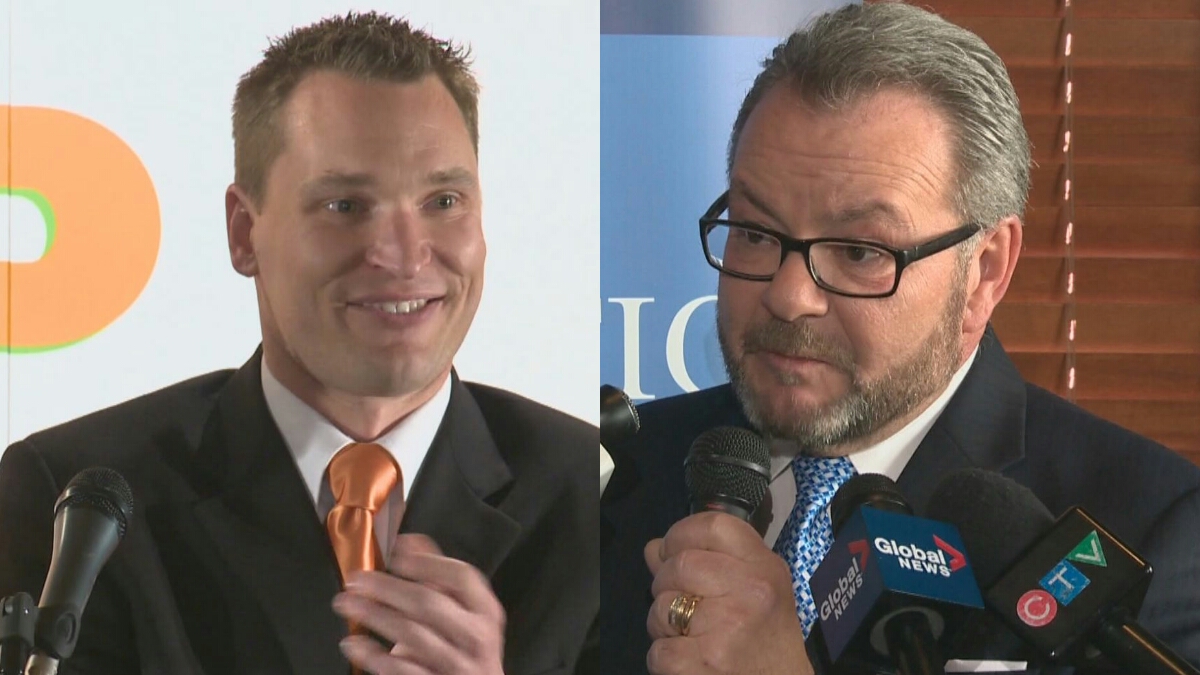 A new Alberta election poll shows NDP incumbent Deron Bilous  (left) holds a large lead over PC candidate Tony Caterina (right) in a north Edmonton constituency. 