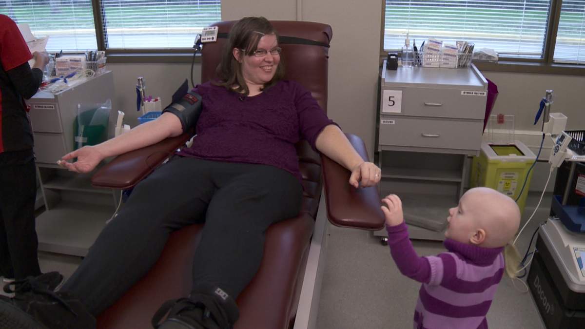 Rebekah Dooley, left, was inspired to start giving blood after seeing the transfusions her two-year-old daughter Isabella, right, receive over a dozen transfusions while she fights neuroblastoma.
