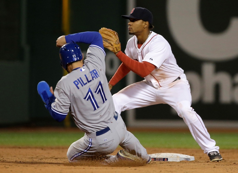 Toronto Blue Jays' Kevin Pillar, left, steals second base as Boston Red Sox shortstop Xander Bogaerts waits for the ball in the fifth inning of a baseball game Tuesday, April 28, 2015, in Boston. Pillar went on to score in the inning. 