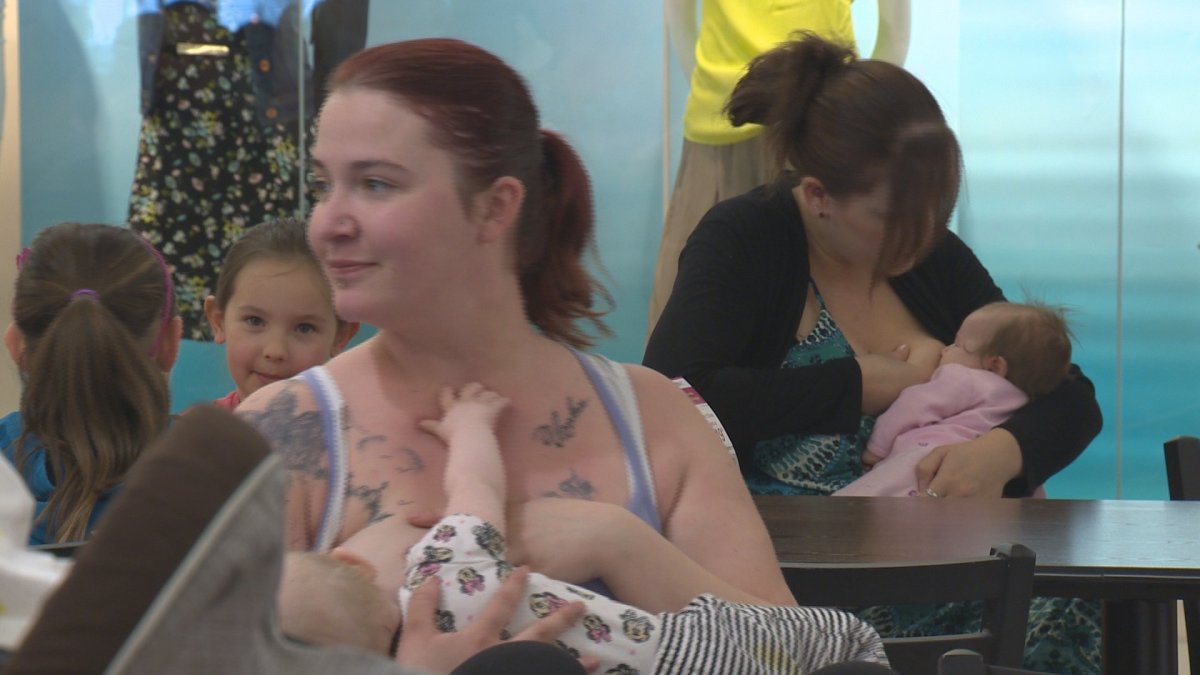 More than two dozen mothers participate at a feed-in in Vernon.