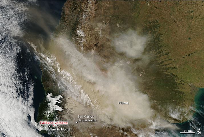This natural-colour image shows the ash plume from the Calbuco Volcano's April 22-23 eruption.