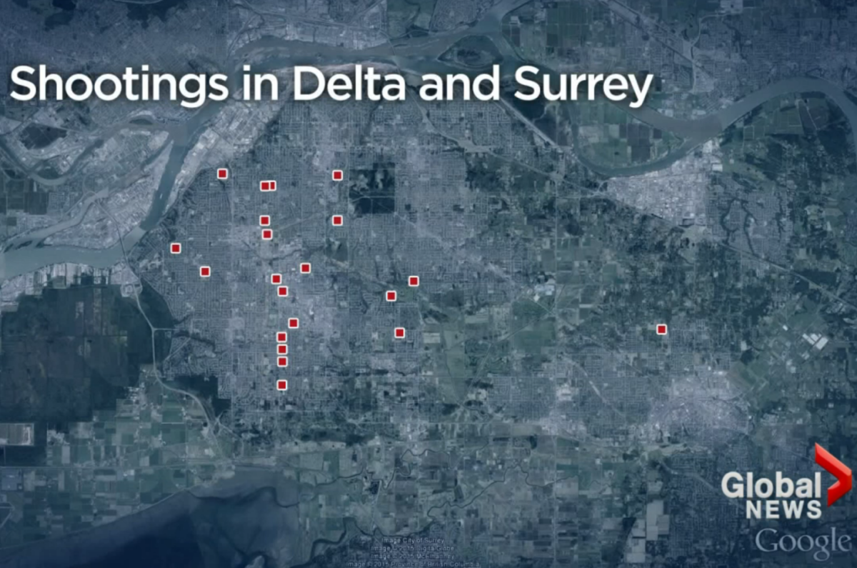 Locations of the reported shootings in Surrey and North Delta since March 9. Surrey RCMP believe the majority are connected to a recent turf battle over the street-level drug trade in the region.