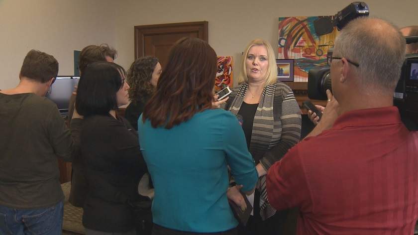 Family and Services Minister Kerri Irvin-Ross speaks to the media after the assault of a teen girl in CFS care on April 1.
