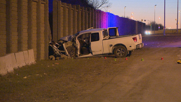 A man is in serious condition after a truck crashes into a sound barrier wall on Saskatoon’s Circle Drive.
