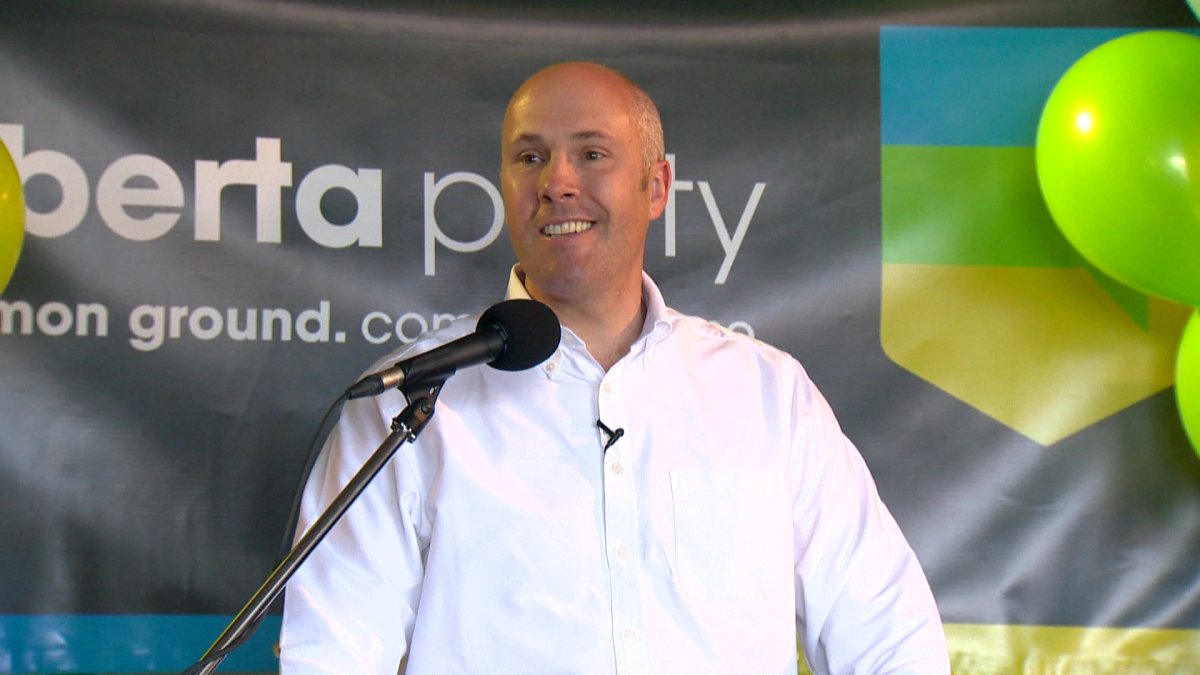 Alberta Party leader Greg Clark addressing the crowd in his home riding of Calgary-Elbow Saturday. 