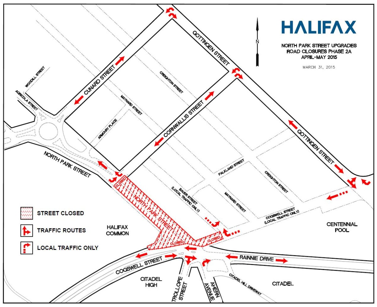 Map of street Closures due to Construction of North Park/Cogswell Roundabout.
