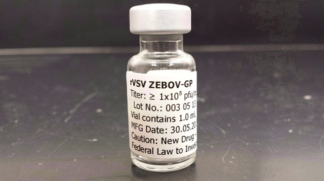 A vial of the Canadian-made Ebola vaccine VSV-ZEBOV, is pictured in a recent photo. THE CANADIAN PRESS/HO, Walter Reed Army Institute of Research - Col. Shon Remich.