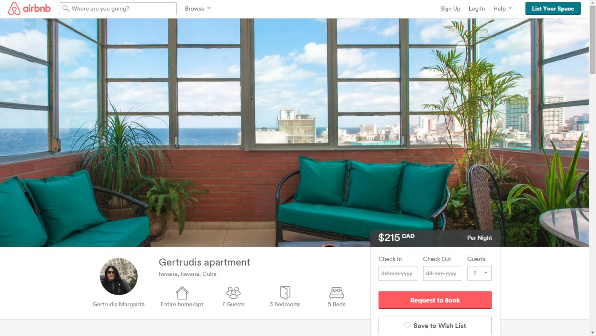 One of the 1,000 Cuban listings on the Airbnb website is this apartment in Havana for $215 a night.