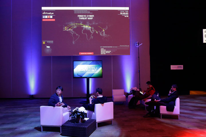 A cyber security threat map is displayed inside a lounge during the RSA Conference on Wednesday, April 22, 2015, in San Francisco. Threat analysts, security vendors and corporate IT administrators have gathered here to talk about malicious software, spear-phishing and other attacks that can steal money or secrets from companies and consumers.