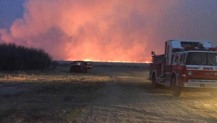 Six fire departments battle through the night to bring a grass fire near Borden, Sask. under control.