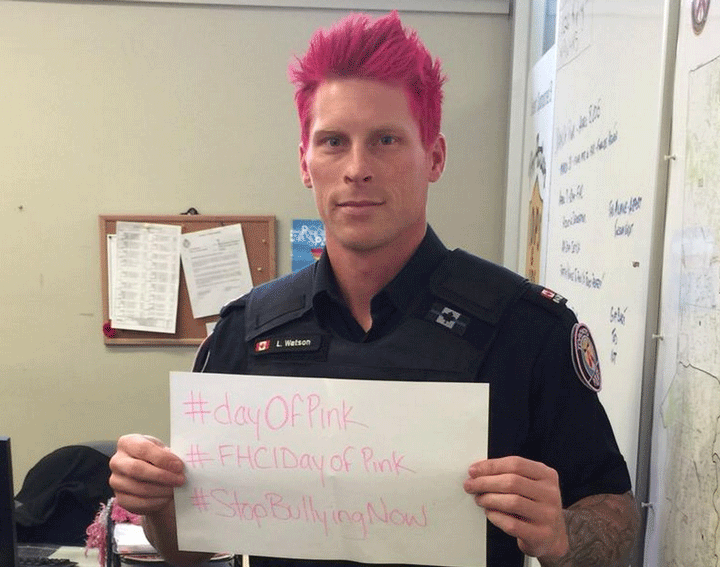 Toronto police officer Luke Watson dyed his hair pink in support of the day.