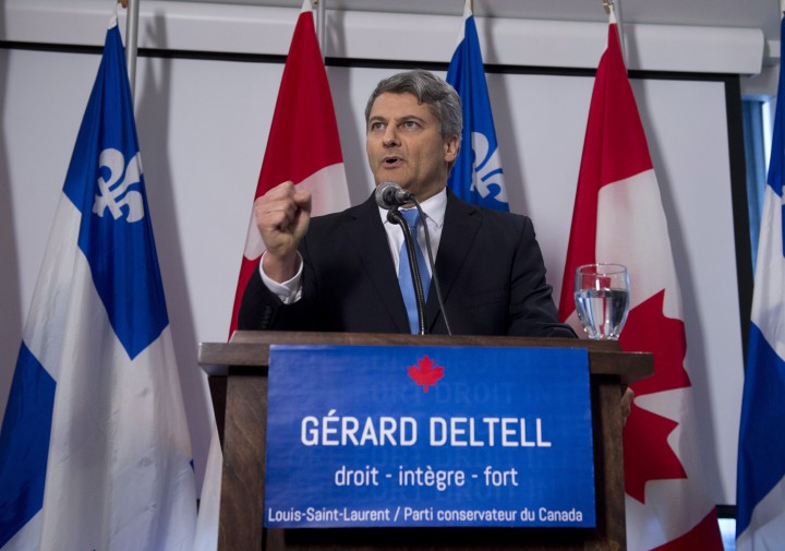Coalition Avenir Quebec MNA Gerard Deltell announces he's quitting the CAQ and joining the Conservative Party of Canada for the upcoming federal election, Tuesday, April 7, 2015 in Quebec City.