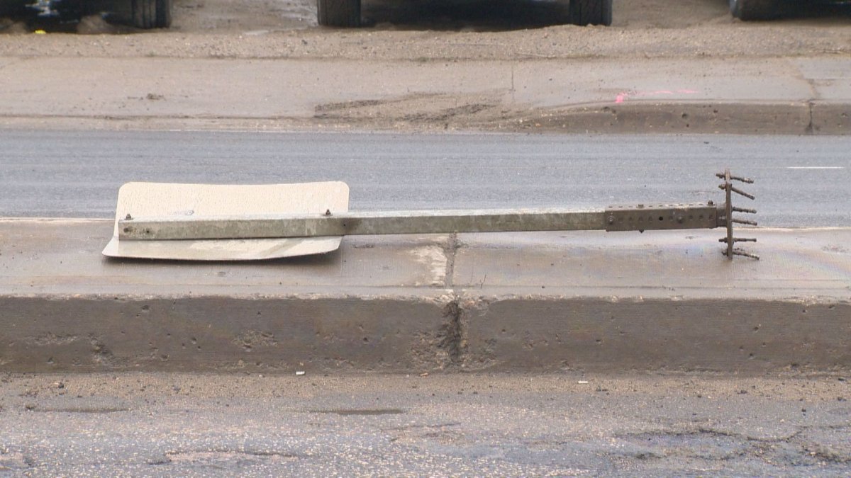 A vehicle was reportedly driving with a flat tire before smashing into a street sign at Albert Street and 2nd Avenue North.
