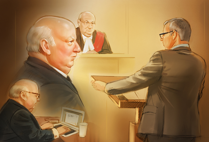 Suspended senator Mike Duffy appears in an Ottawa courtroom for the first day of his fraud and bribery trial, Tuesday, Apr.7, 2015. 