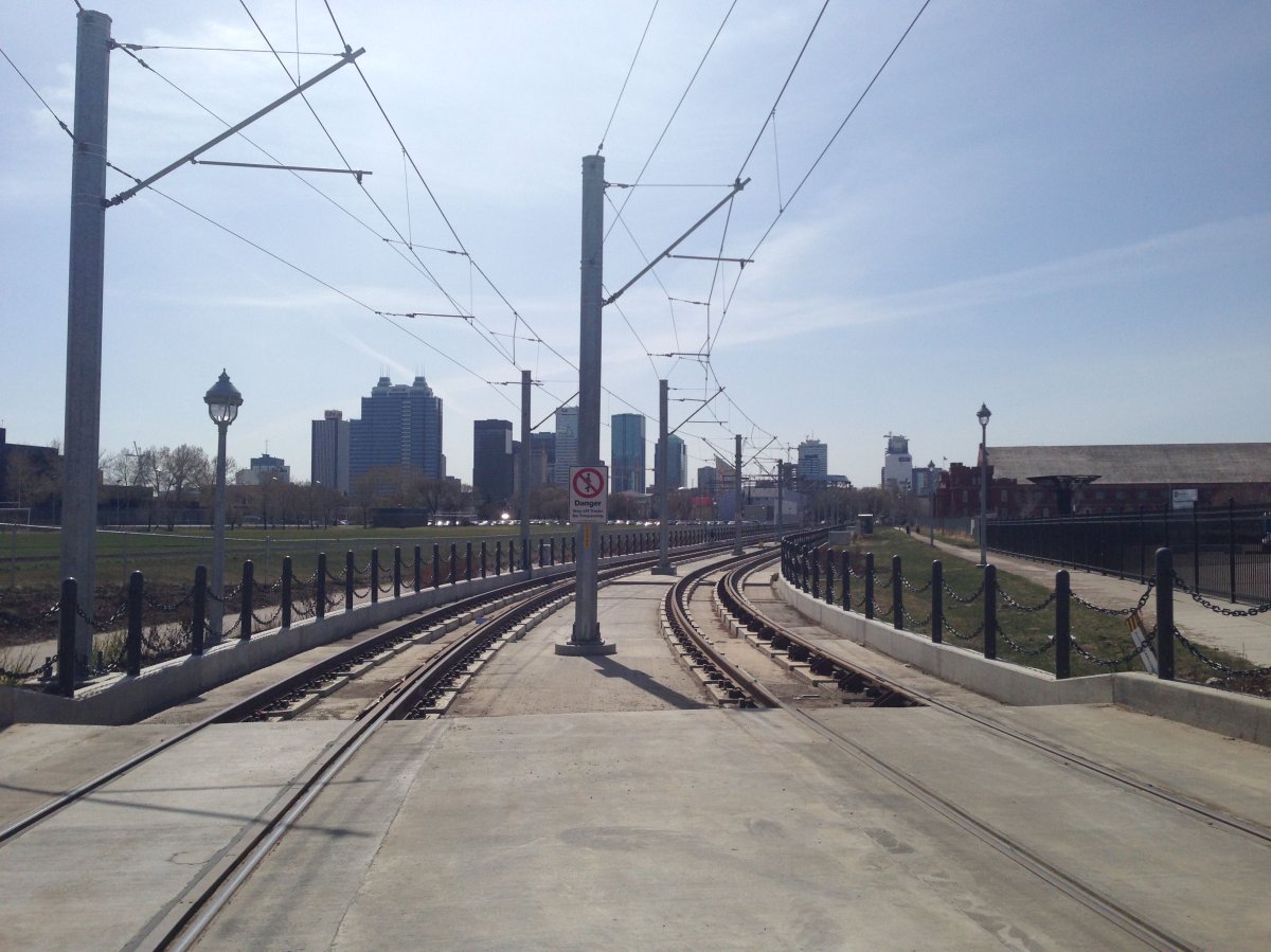 Metro Line LRT tracks north of downtown Edmonton. April 21, 2015.
