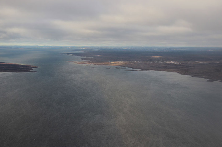 Aerial view of Fond-du-Lac community and lakes taken in 2013.