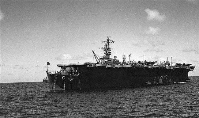  In this July 1946 file photo is the USS Independence near Bikini Atoll. Scientists have rediscovered a mostly intact World War II aircraft carrier the U.S. Navy scuttled off the Northern California coast decades ago.