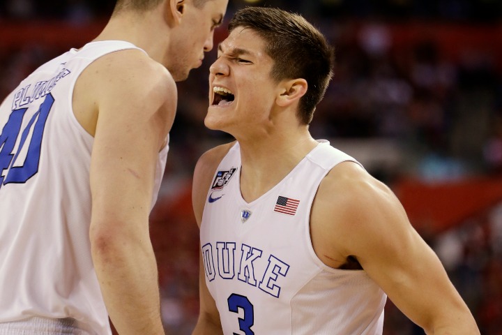 Duke's Grayson Allen (3) reacts to a call against Wisconsin during the second half of the NCAA Final Four college basketball tournament championship game Monday, April 6, 2015, in Indianapolis. 