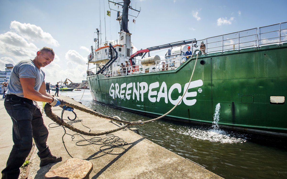 Greenpeace's ice breaker "Arctic Sunrise" docks in the harbour of Beverwijk, The Netherlands, on August 9, 2014.