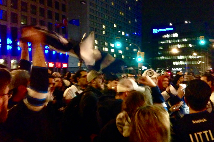 Winnipeg fans packing Portage Avenue and Main Street after the Jets secured a spot in the 2015 NHL playoffs.