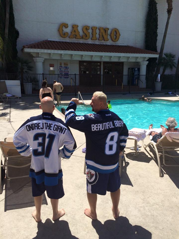 Winnipeg Jets fans in Vegas before heading to Anaheim for the team's first playoff game against the Ducks Thursday.