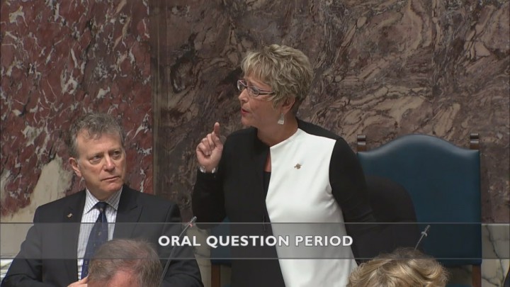 Judy Darcy, seen here on Legislative Television, raises  questions about  Fred Cosman's cancer care. 