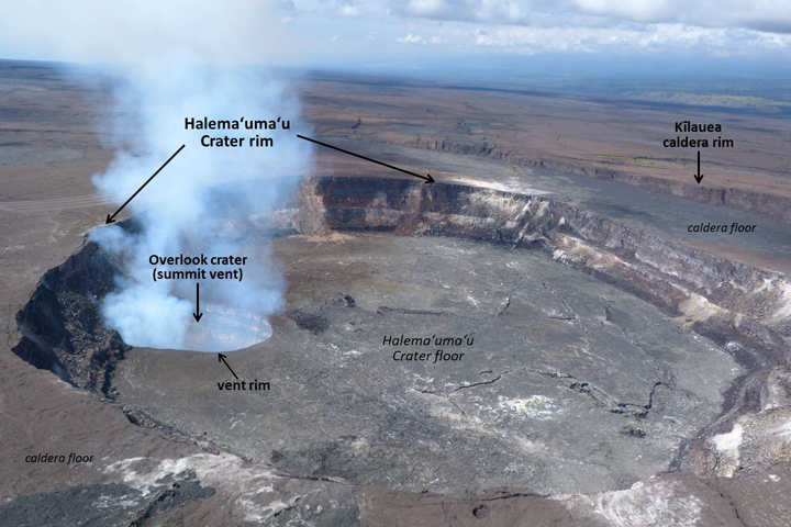 The active vent (Overlook crater) at the summit of Kīlauea Volcano is located within Halemaʻumaʻu, a crater within the volcano’s caldera.