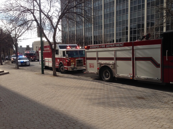 Winnipeg fire and police vehicles at the Law Courts investigate a report of a suspicious package on Wednesday, April 8, 2015.
