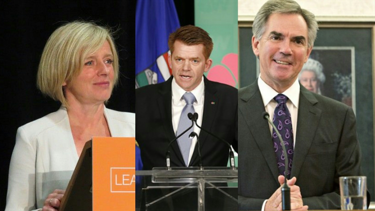 Alberta NDP leader Rachel Notley, Wildrose leader Brian Jean and Progressive Conservative leader Jim Prentice. 