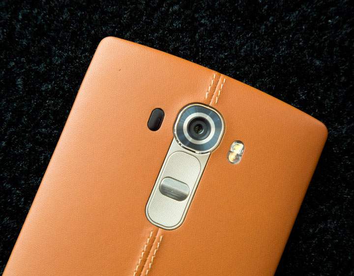 The camera on the leather-covered LG G4 is displayed, Tuesday, April 28, 2015 in New York. LG is making smartphones with leather backs as it seeks to distinguish its phones from Apple's iPhones and Samsung's Galaxy smartphones.