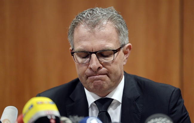 In this Wednesday, March 25, 2015, file photo, Lufthansa Group CEO Carsten Spohr looks down during a news conference at the Barcelona airport, in Spain.