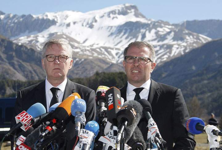 CEO of Germanwings Thomas Winkelmann, left, and Lufthansa CEO Carsten Spohr answer reporters near the site of the Germanwings crash, in Le Vernet, France, Wednesday, April 1, 2015.