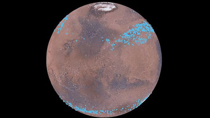 Mars distinct polar ice caps, but Mars also has belts of glaciers at its central latitudes – between the blue lines, in both the southern and northern hemispheres. 