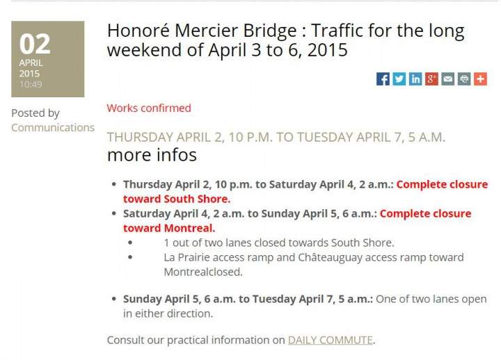Construction on Mercier bridge during Easter long weekend - image